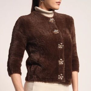 Zara Faux Fur Cardigan Jacket Gold Flower Jewel Buttons Round Neck Brown Medium